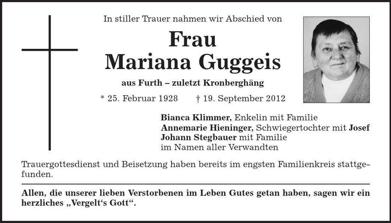 Traueranzeige Mariana Guggeis