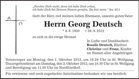 Traueranzeige Georg Deutsch
