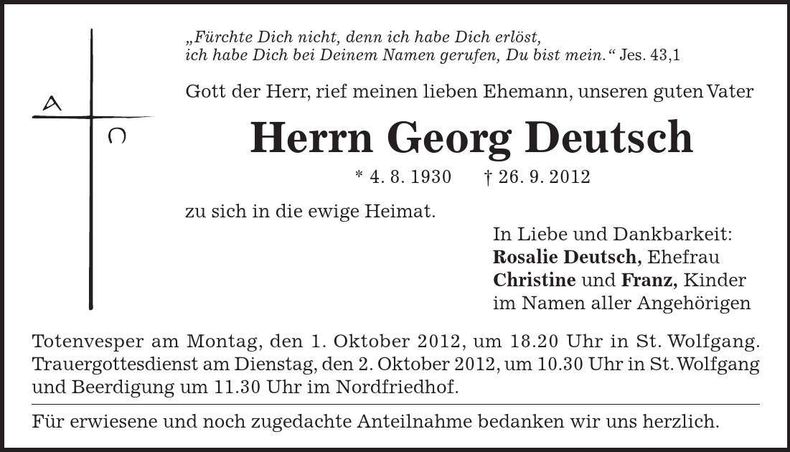 Traueranzeige Georg Deutsch