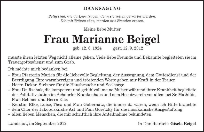 Traueranzeige Marianne Beigel