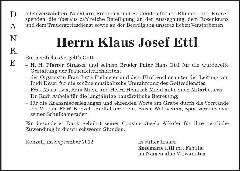 Traueranzeige Klaus Josef Ettl
