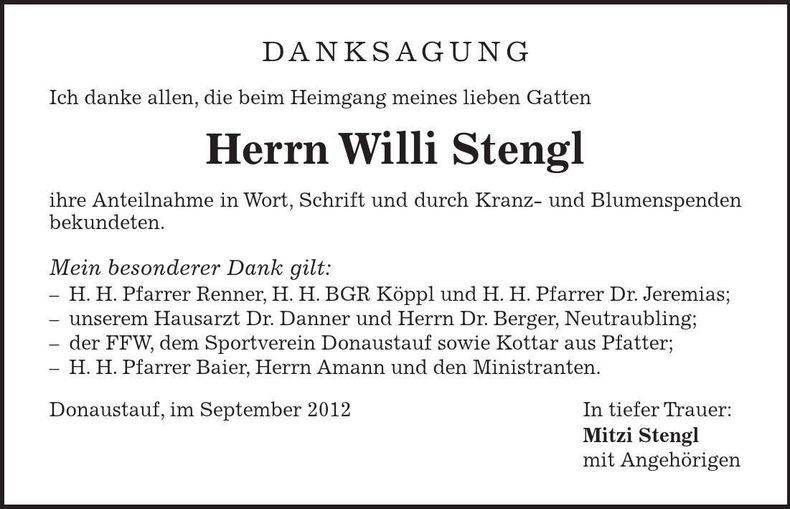 Traueranzeige Willi Stengl