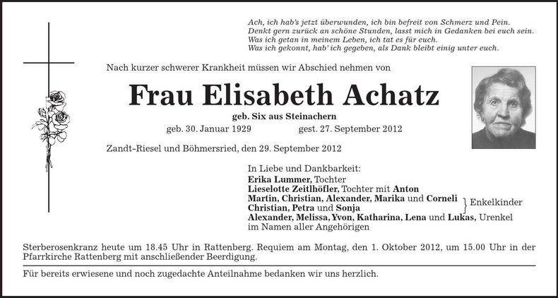 Traueranzeige Elisabeth Achatz