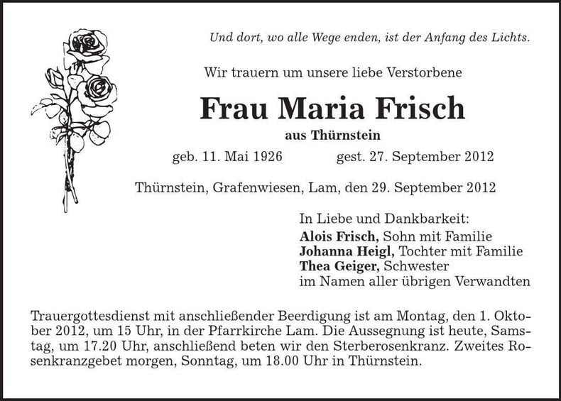 Traueranzeige Maria Frisch