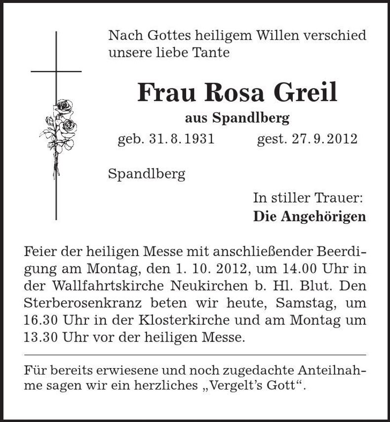 Traueranzeige Rosa Greil