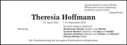 Traueranzeige Theresia Hoffmann