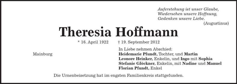 Traueranzeige Theresia Hoffmann