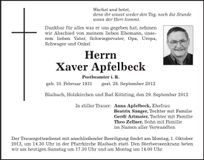 Traueranzeige Xaver Apfelbeck