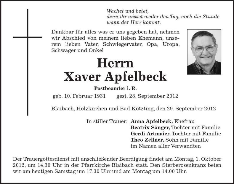 Traueranzeige Xaver Apfelbeck