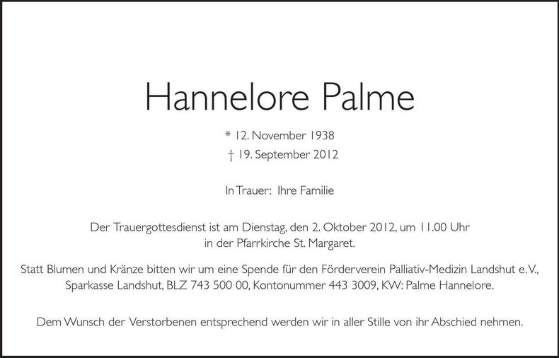 Traueranzeige Hannelore Palme