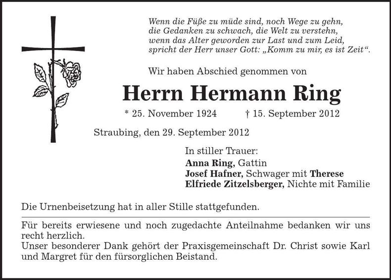 Traueranzeige Hermann Ring