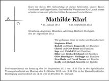 Traueranzeige Mathilde Klarl