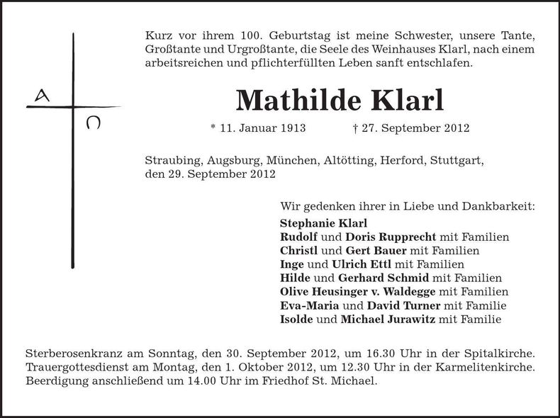 Traueranzeige Mathilde Klarl