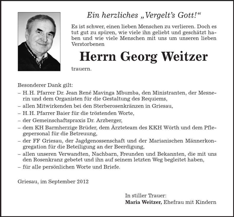 Traueranzeige Georg Weitzer