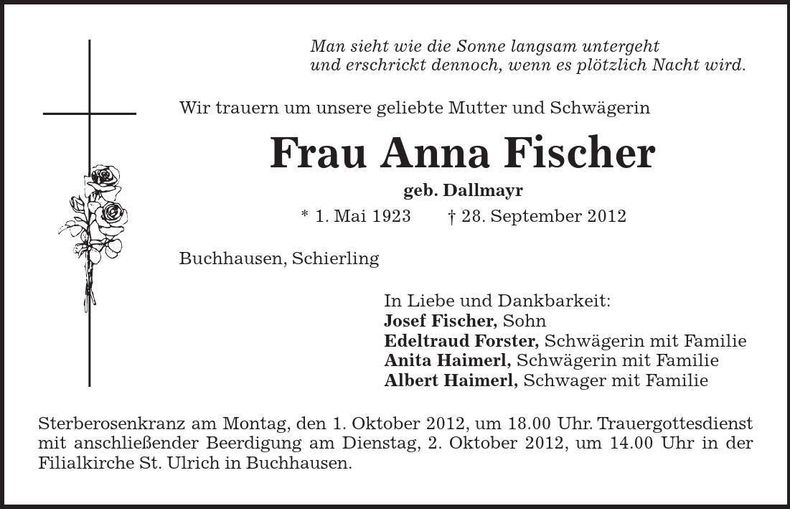 Traueranzeige Anna Fischer