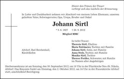 Traueranzeige Johann Sirtl