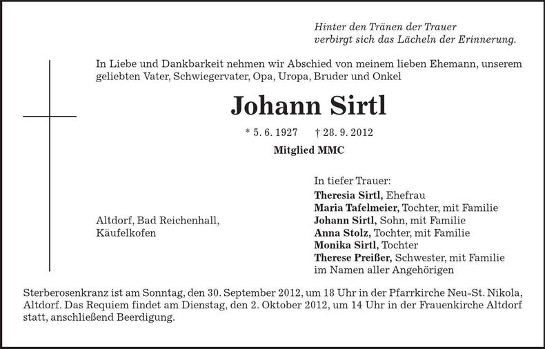 Traueranzeige Johann Sirtl