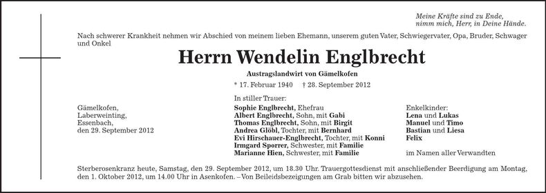 Traueranzeige Wendelin Englbrecht