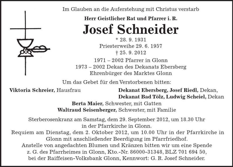 Traueranzeige Josef Schneider