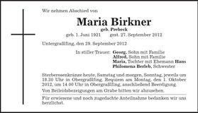Traueranzeige Maria Birkner