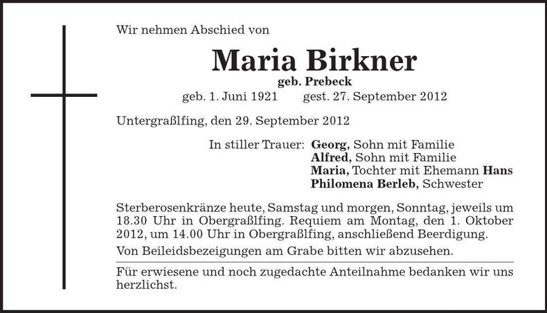 Traueranzeige Maria Birkner