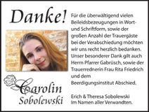 Traueranzeige Carolin Sobolewski