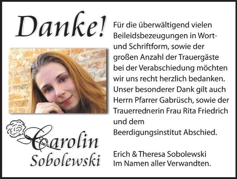 Traueranzeige Carolin Sobolewski