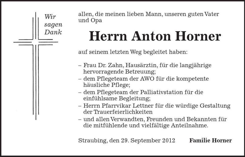 Traueranzeige Anton Horner
