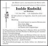 Traueranzeige Isolde Rudniki