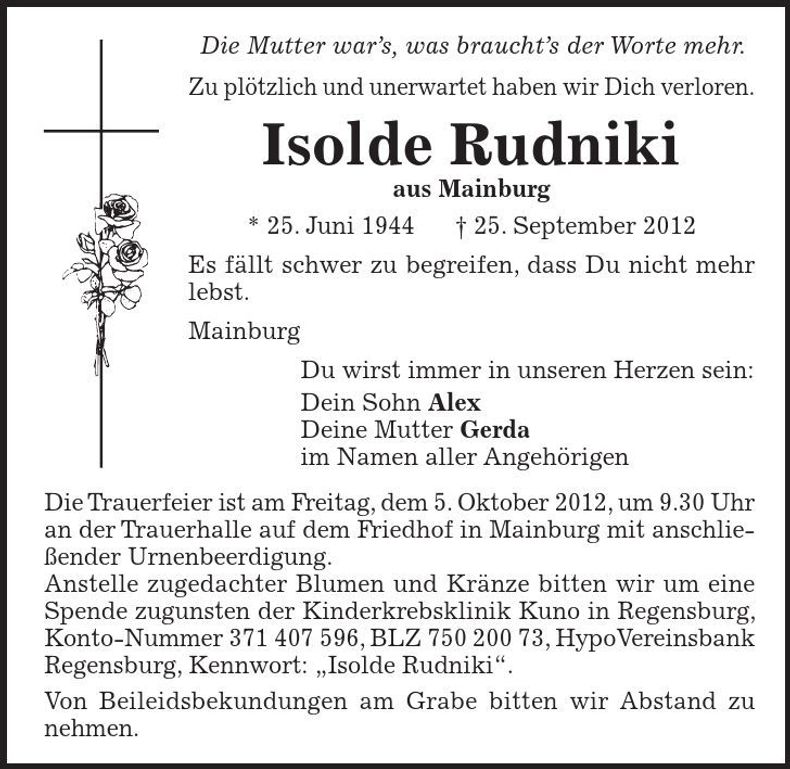 Traueranzeige Isolde Rudniki