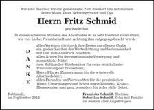 Traueranzeige Fritz Schmid