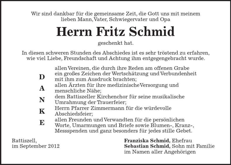 Traueranzeige Fritz Schmid