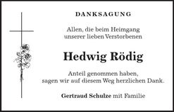 Traueranzeige Hedwig Rödig
