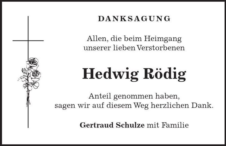 Traueranzeige Hedwig Rödig