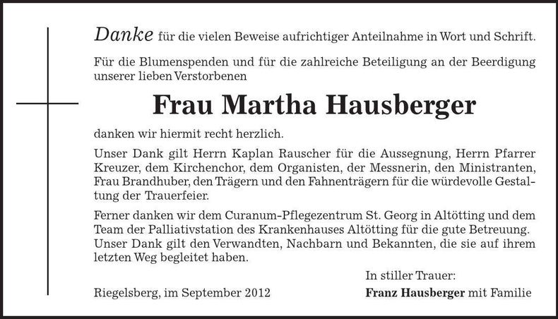 Traueranzeige Martha Hausberger