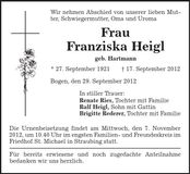 Traueranzeige Franziska Heigl