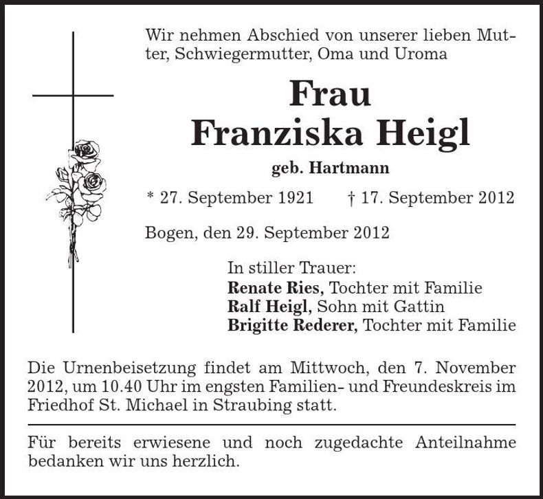 Traueranzeige Franziska Heigl