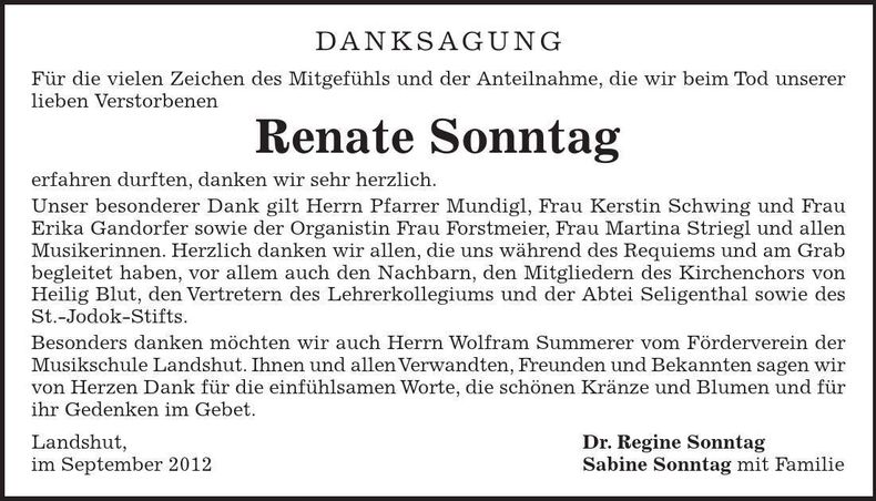 Traueranzeige Renate Sonntag
