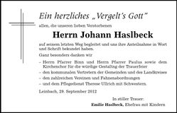 Traueranzeige Johann Haslbeck