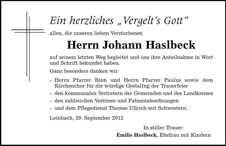 Traueranzeige Johann Haslbeck