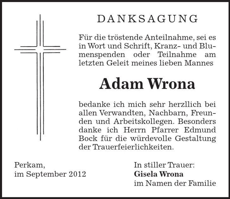 Traueranzeige Adam Wrona