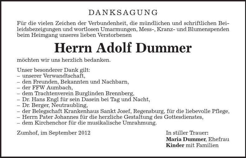 Traueranzeige Adolf Dummer