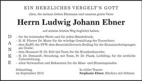 Traueranzeige Johann Ebner