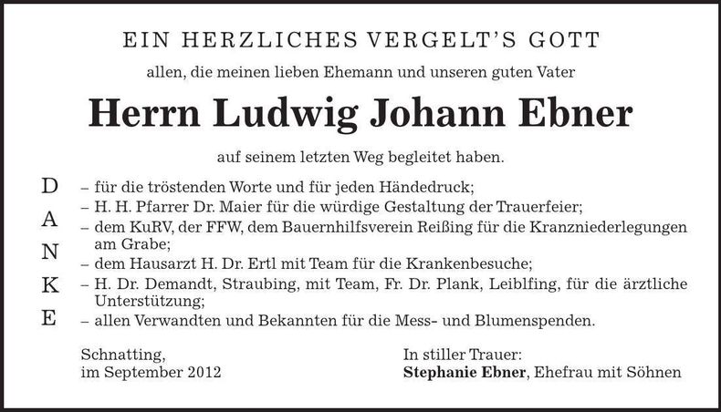 Traueranzeige Johann Ebner