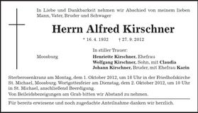 Traueranzeige Alfred Kirschner