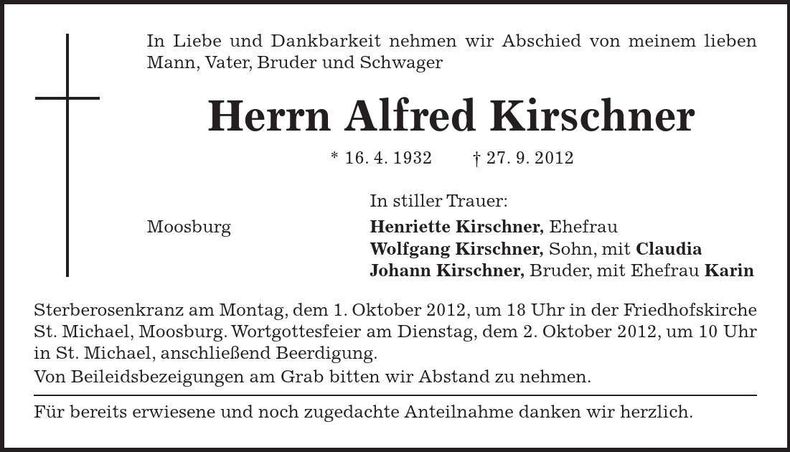 Traueranzeige Alfred Kirschner