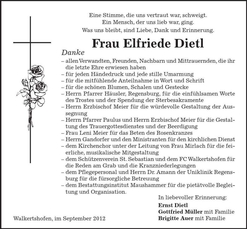 Traueranzeige Elfriede Dietl