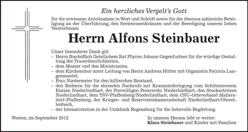 Traueranzeige Alfons Steinbauer