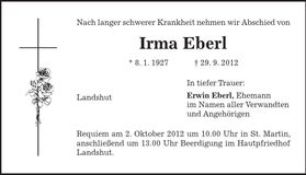 Traueranzeige Irma Eberl