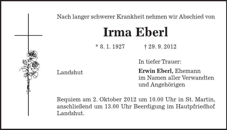 Traueranzeige Irma Eberl